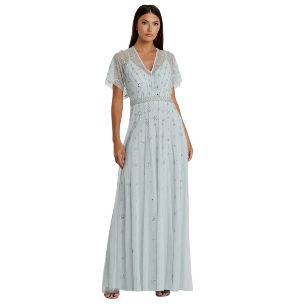 NWOT Mac Duggal Light Blue  Embellished Flutter Sleeve A Line Gown, sz 12 598$